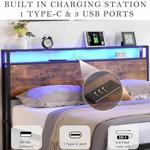 Miniatura 3 de Base de cama industrial tamaño matrimonial con cabecera de almacenamiento y 2 cajones, luces LED con estación de carga, plataforma de metal sin