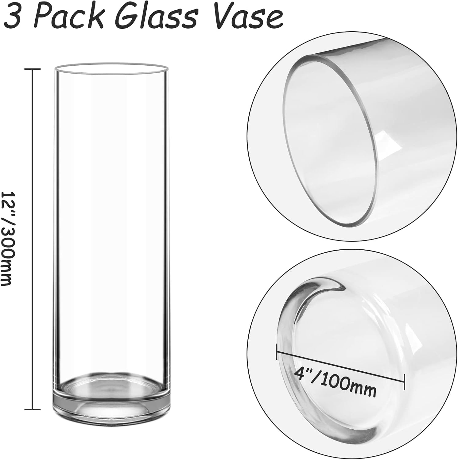 Glass Cylinder Vase 12 Inch High,Keketin Clear Glass Vases 3 Pack,Flower Vase for Table Centerpieces,Decor,Wedding Favors(4" W x 12" H)