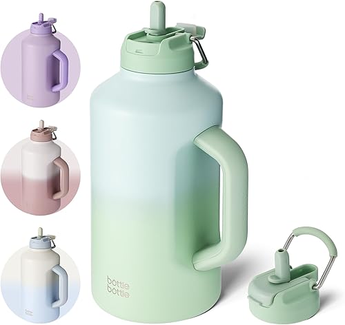 BOTTLE BOTTLE Botella de agua aislada de 64 onzas con popote y tapa de doble uso, botella de agua deportiva de acero inoxidable con asa al vacío de