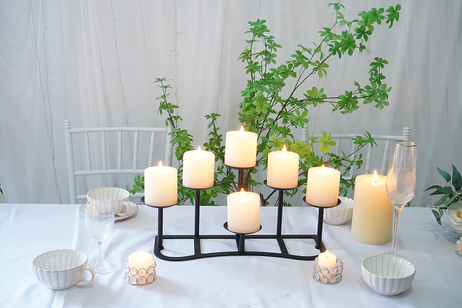 Sziqiqi Zwarte Shabby Chic Pijler Kaarshouder Set voor Tafels - Gotische Kandelaar Houder Rustieke Glazen Orkaan Kaarshouders Centerpieces voor Schoorsteen Open Haard Diner Bureau Tafelblad Ornament