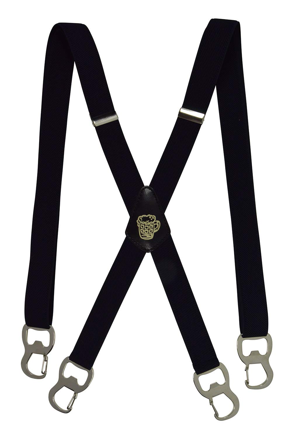Olata X-Shape Braces/Suspenders with Integrated Beer Bottle Opener and Carabiner Clips - 2.5cm. Black