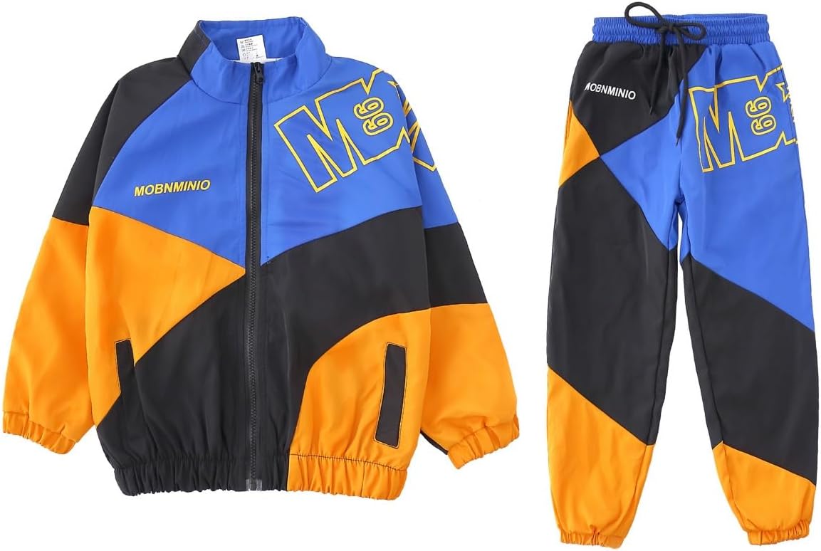 80s Outfit for Kids,Boys' Girls' Color Block Jacket Track Pants Sets,80s Tracksuit Retro Hip Hop Dance Outfit