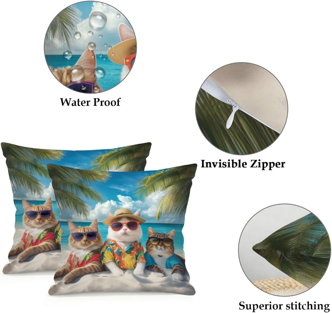 Waterproof Outdoor Pillow Covers 18x18 in Set of 2, Cool Cats Summer Beach Decorative Throw Pillowcases for Patio Garden Farmhouse Porch Balcony Indoor Outdoor Use image 3