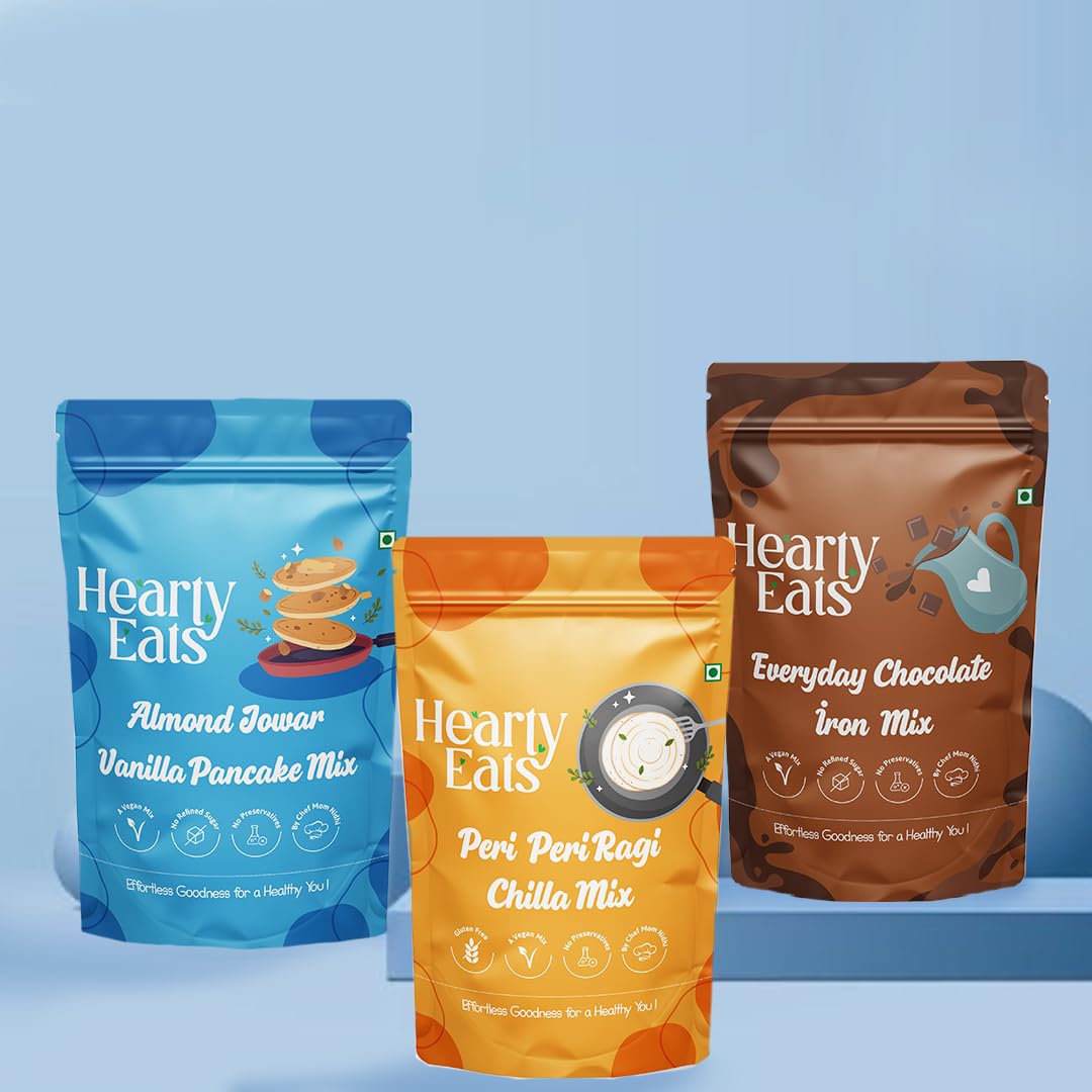 Hearty Eats Almond Jowar Vanilla Pancake Mix 225 Grams And Everyday Chocolate Iron Mix 225 Grams With Peri Peri Ragi Chilla Mix 225 Grams Combo Pack of 3-image-43