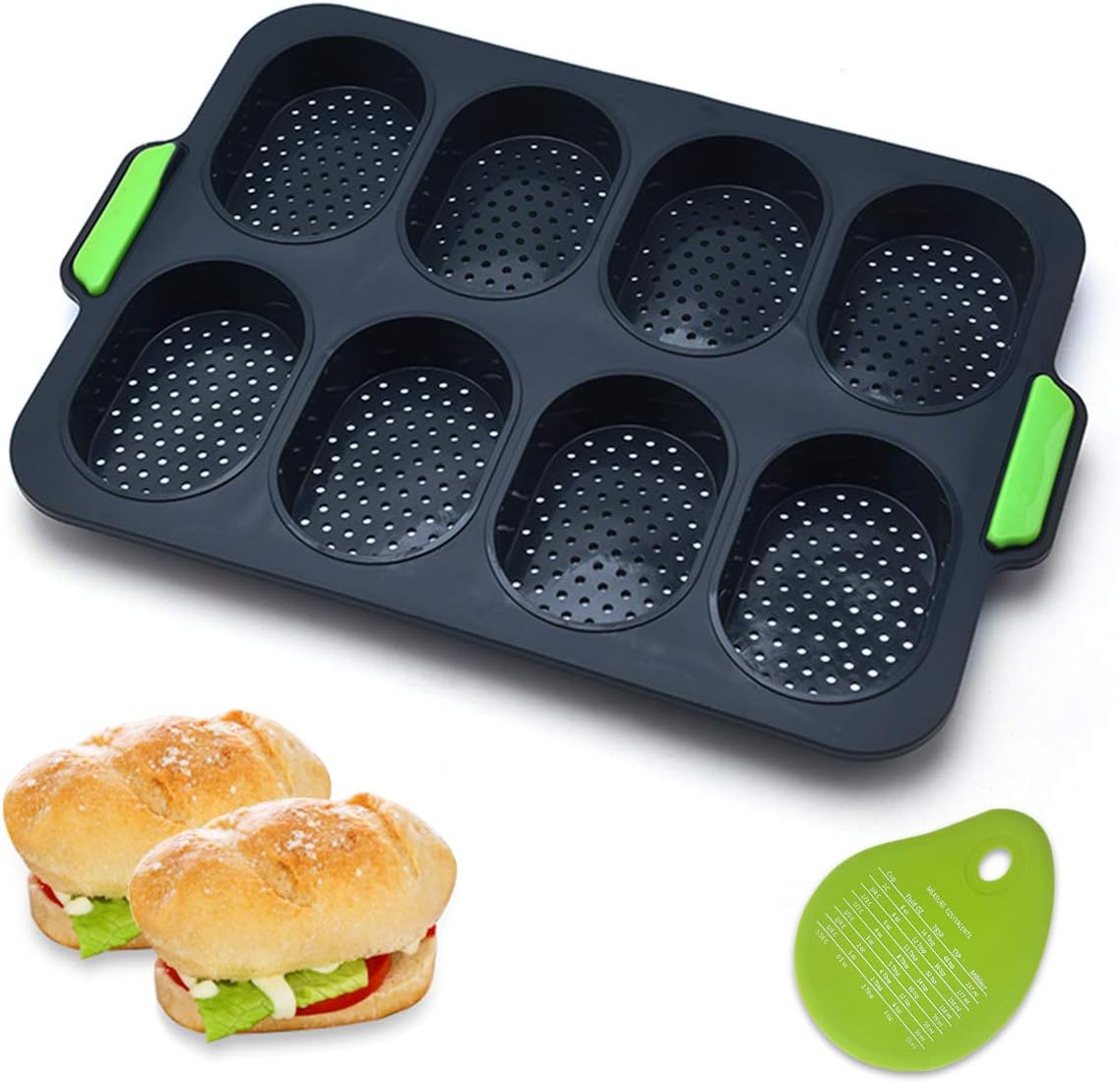 Mini Baguette Baking Tray, Non-Stick Perforated Pan with 1 Silicone Pastry Dough Cutter, Bread Crisping Tray, 8-Cavities Loaf Baking Mould Perfect for French Bread, Breadstick & Rolls