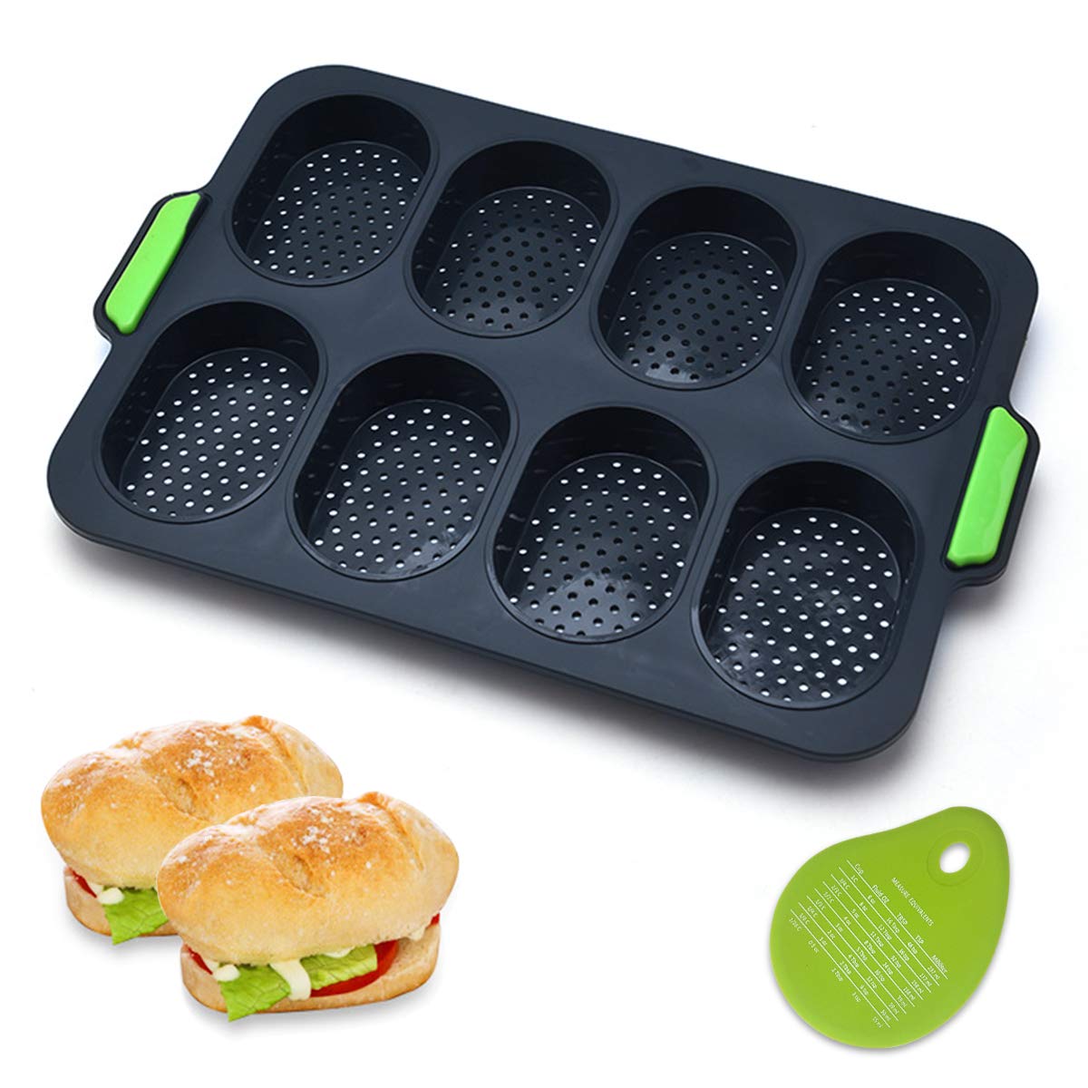 Mini Baguette Baking Tray, Non-Stick Perforated Pan with 1 Silicone Pastry Dough Cutter, Bread Crisping Tray, 8-Cavities Loaf Baking Mould Perfect for French Bread, Breadstick & Rolls