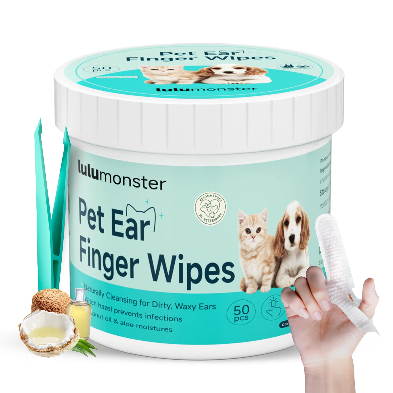 Dog & Cat Ear Cleaner Finger Wipes, Vet‑Recommended for Dog Ear Infection Relief, Itching & Inflammation, Remove Wax Dirt, Stop Smelly, Non‑Irritating, 50ct (Coconut Scent)