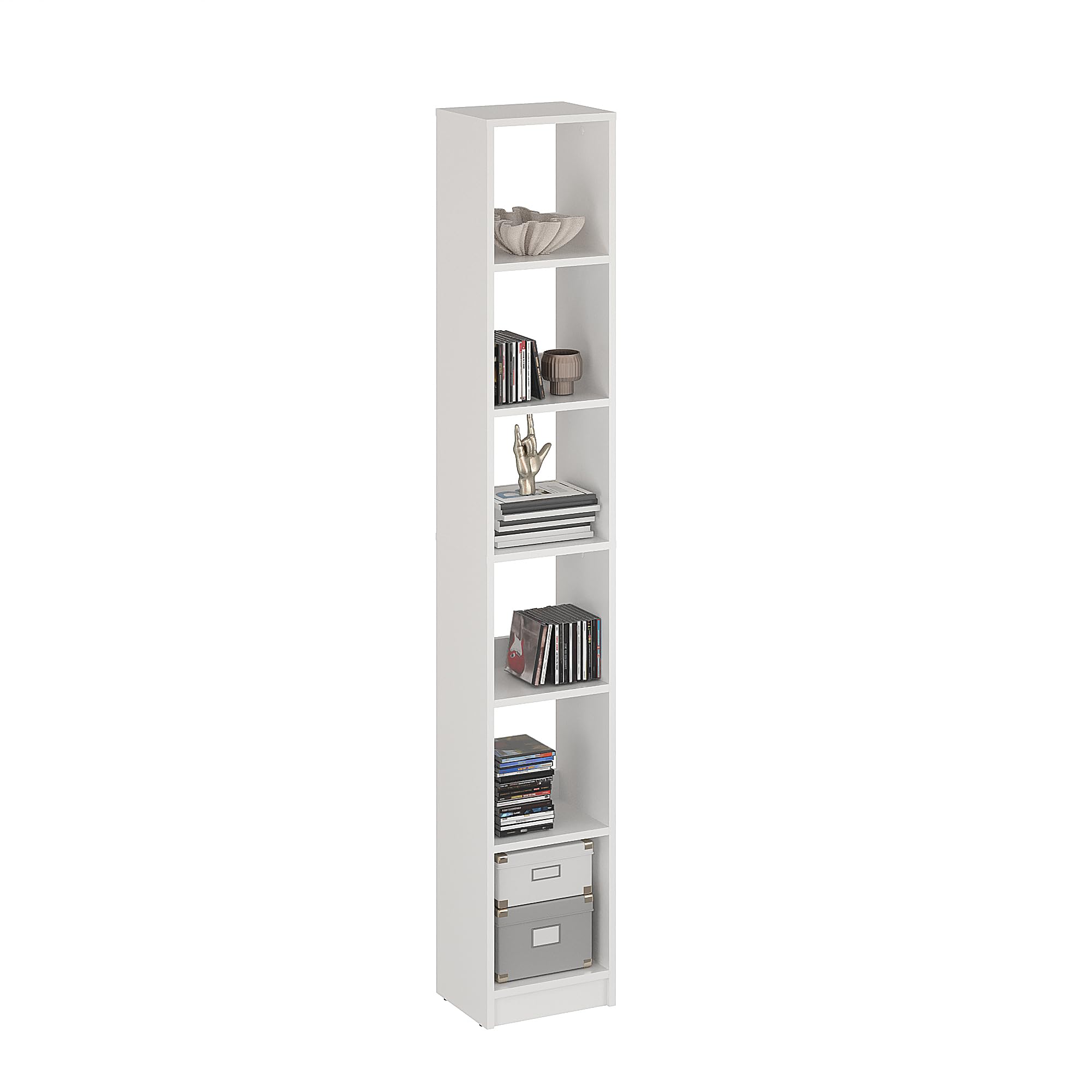 Komto White Tall Bookcase – Narrow Book Shelf 30 cm Wide, 6 Tier Bookshelf, Slim Cube Storage Unit | LAKO 185.5 x 30 x 24 cm