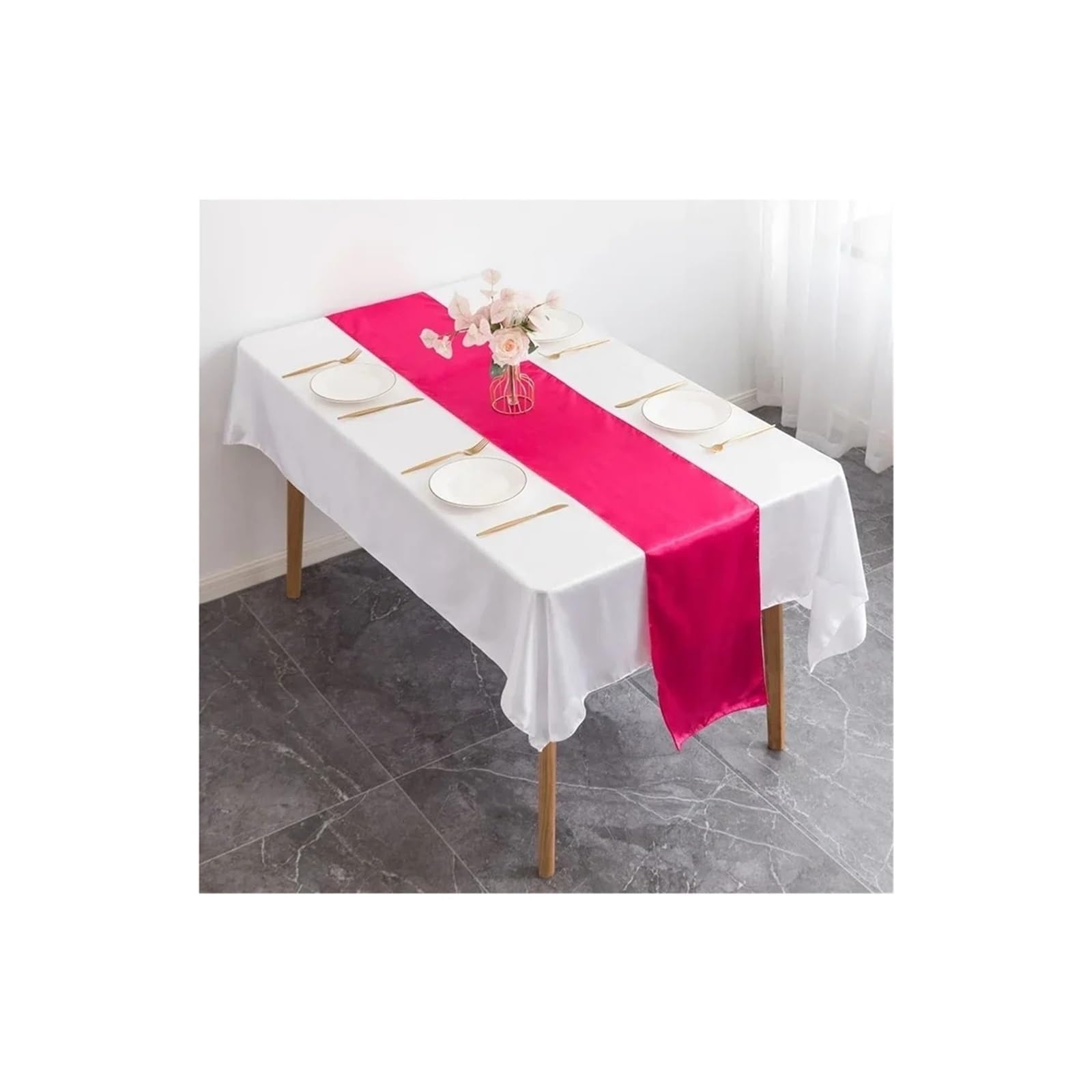 Table Runner 6PCS Table Runner Satin Shiny Colour Wedding Decoration Hotel Birthday Party Show Banquet(Fuchsia)