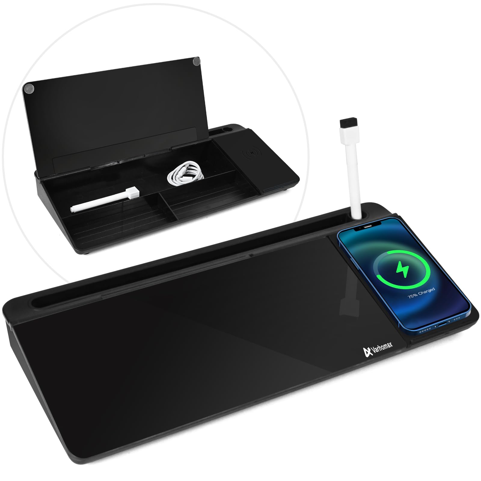 Varhomax Glass Desk Whiteboard Black with Wireless Charger