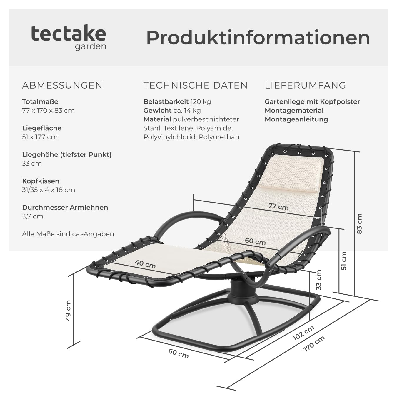 tectake® ergonomische Gartenliege, Sonnenliege, Lounge Möbel Outdoor, Liegestuhl, Relaxsessel mit Liegefunktion, Schaukelsessel für Terrasse, Balkon, Schaukelstuhl Outdoor Gartenmöbel - 1 Stück, beige