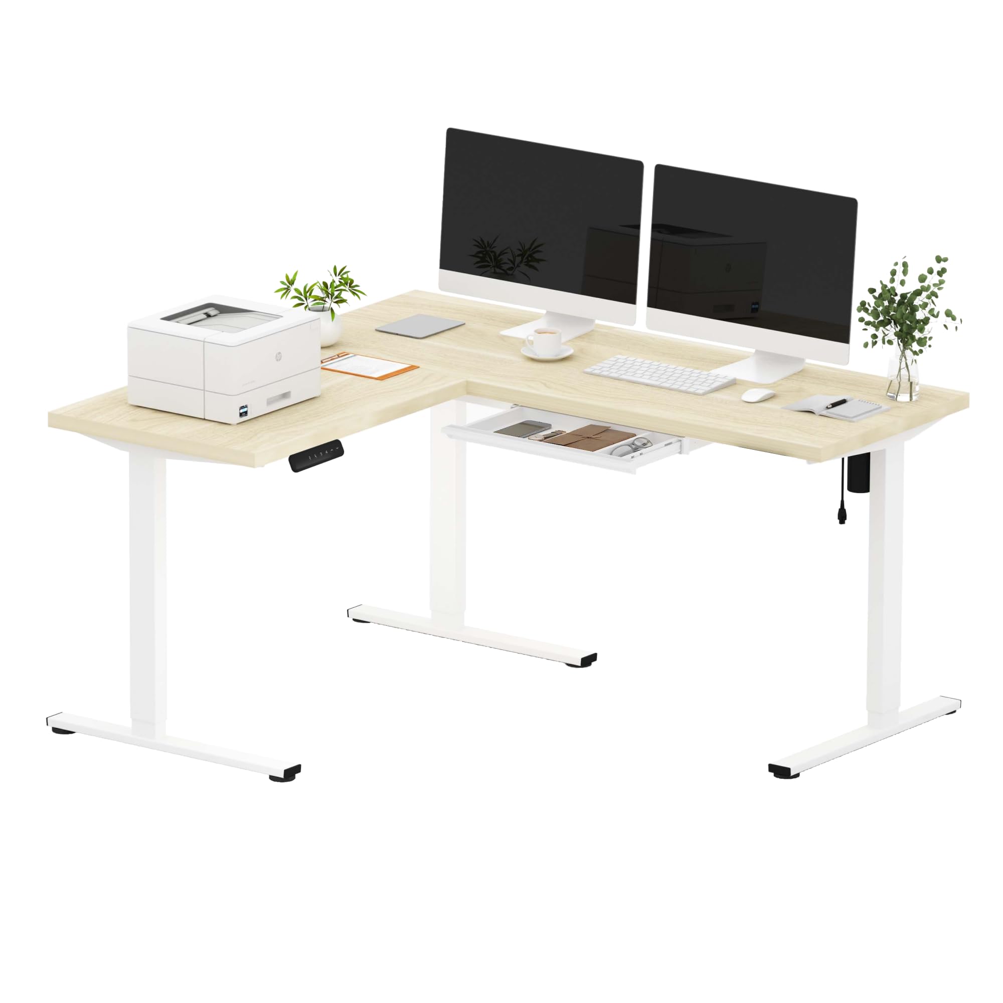 SANODESK L Shaped Standing Desk with Drawer, Adjustable Height Electric Corner Standing Desk, 63 x 55 inch Sit Stand Computer Table with Splice Board,
