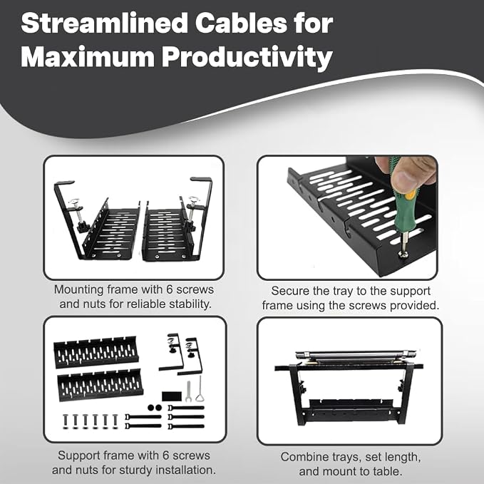 Kit extensible de gestión de cables bajo escritorio, incluye 1 bandeja bajo escritorio, 1 funda para cables y todos los accesorios, sin perforación miniatura 3