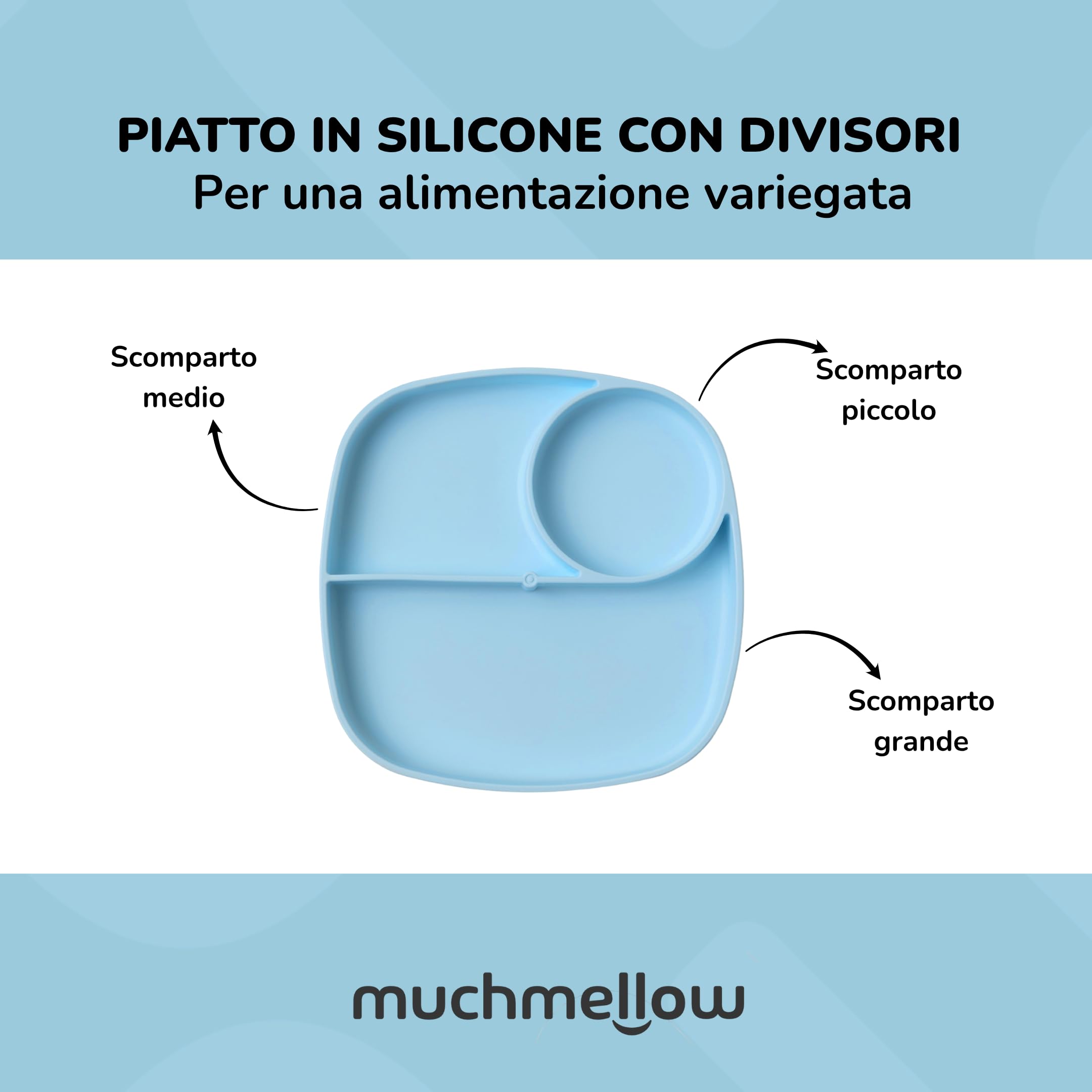 muchmellow - Piatto in Silicone MADE IN ITALY per Svezzamento con 3 Scomparti Divisori e Ventosa Anticaduta, Plastic Free, BPA Free, Lavabile Lavastoviglie (Azzurro)