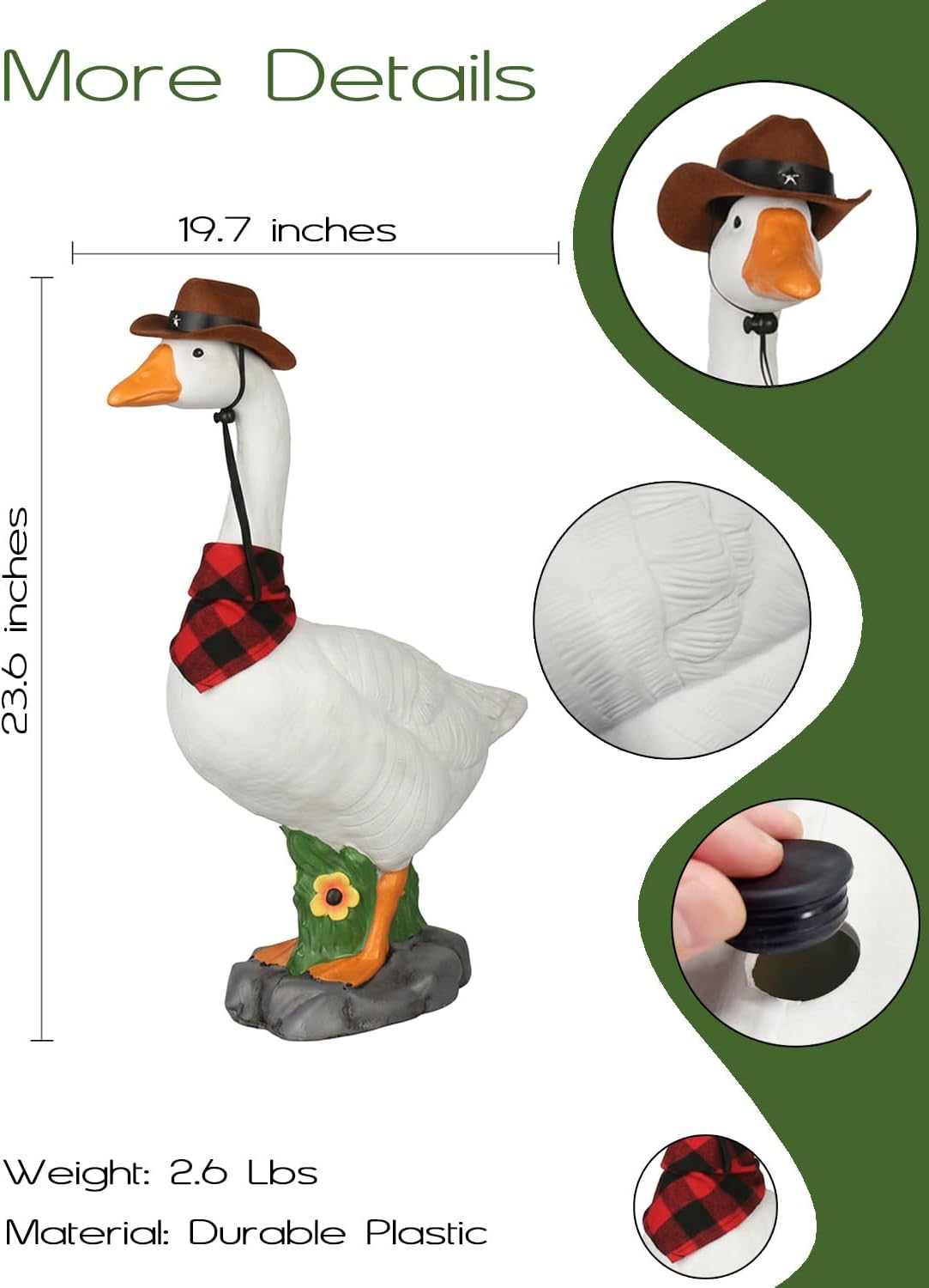 LarpGears Premium Adjustable Large Porch Goose Statue – 23” Realistic Hollow Plastic Garden Goose with Removable Cowboy Hat & Bandana, Stone Base with Sand-Fillable Design for Outdoor Stability