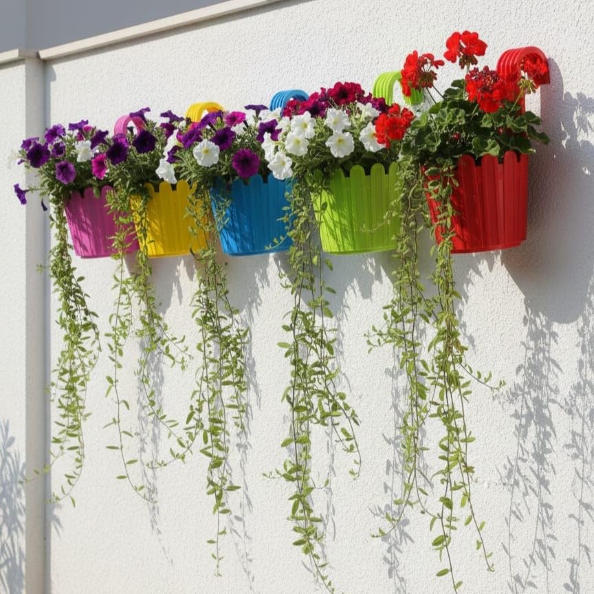 Image of Premium Multicolour Railing Planter with Hook - Durable Plastic Hanging Flower Pot for Balcony, Fence Design Gamla for Indoor /Outdoor Plants, Herbs & Creepers (5, Multicolour)