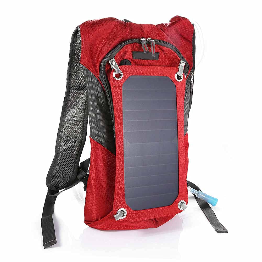 Zaino con Pannello Solare, Zaino da Esterno Multifunzionale in Nylon Resistente con Pannello Solare da 6,5 ​​W E Zaino per Sacca d'Acqua da 2 Litri per Gite in Bicicletta