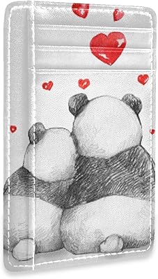 Drawing Two Pandas Fall In Love with Red Hearts on White Slim Minimalist Wallet, Front Pocket RFID Blocking Leather Credit Card Holder, Case Protector Covers for Men Women