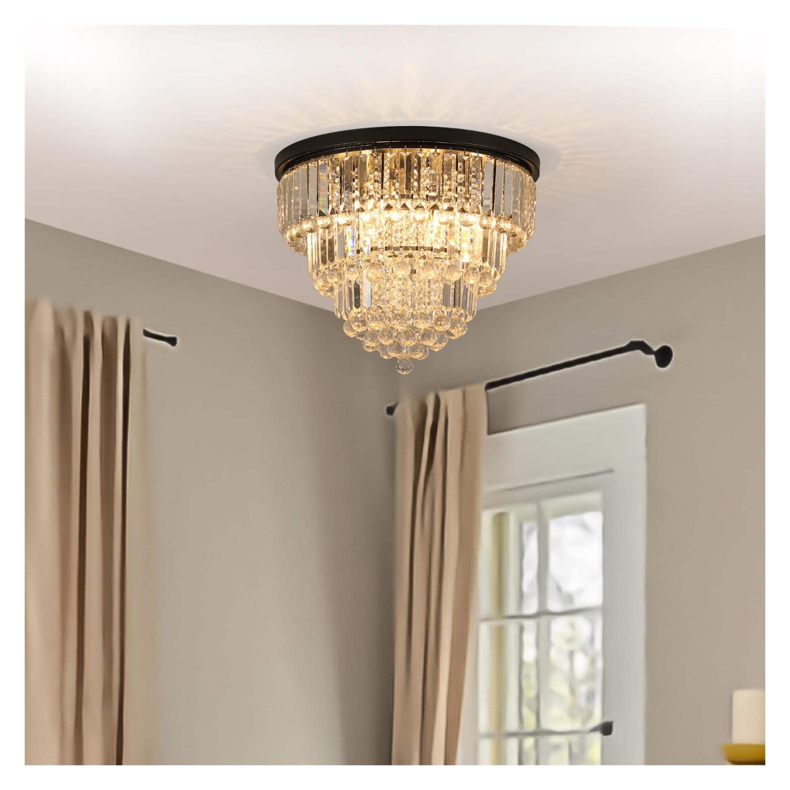 Lustre rond moderne en cristal K9 plafonnier encastré noir chic de salon