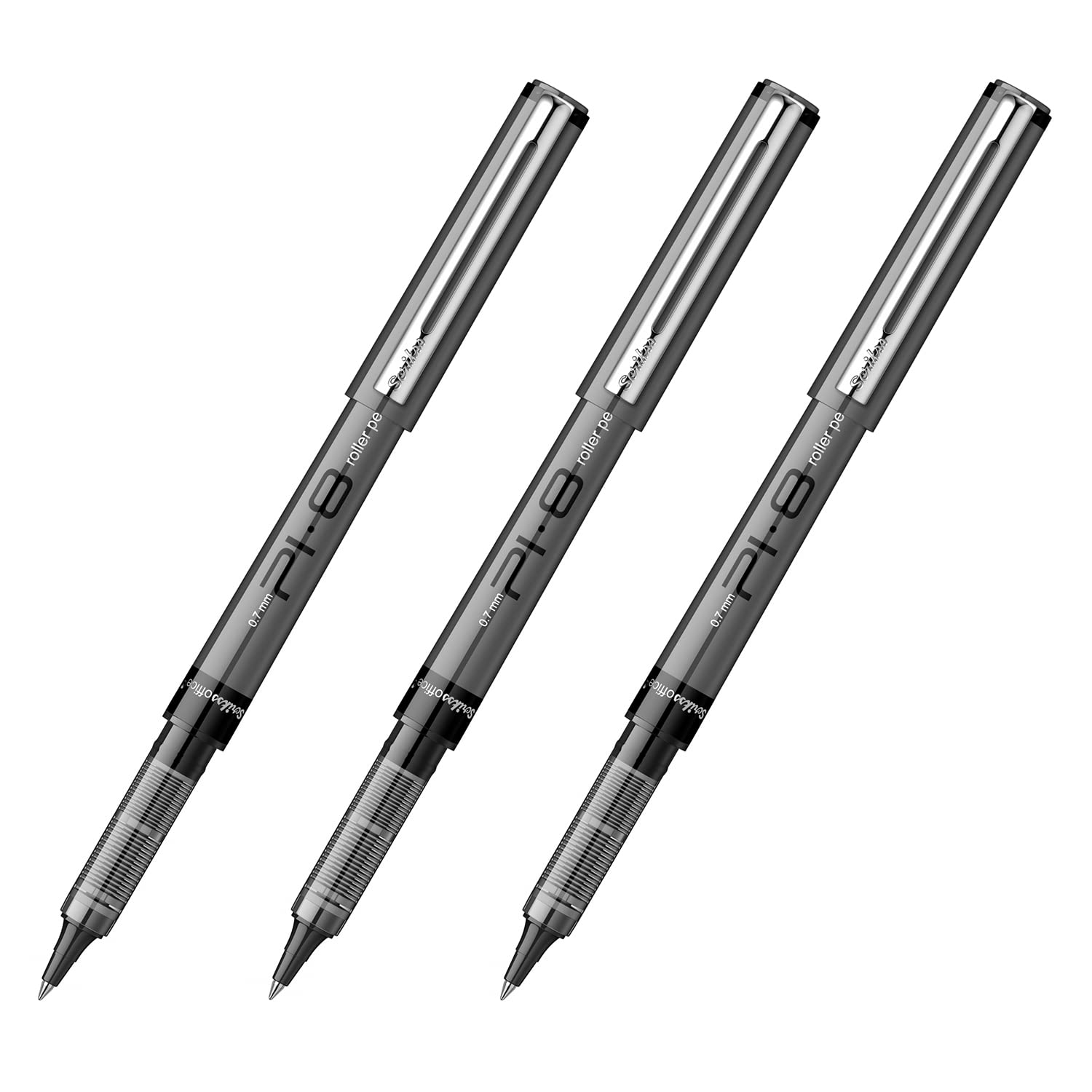 Scrikss PI-8 Roller Pen 0.7mm - Fast Drying Ink, Chrome Plated Tip, Ink Level Indicator - Set of 3 (Black)