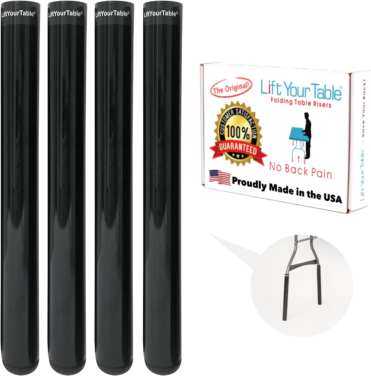 Lift Your Table® Folding Table Risers - Bar Height (Non-Slip Foot) - Made in The USA, Durable, Sturdy, Portable, Easy-to-Use Extensions Raise Bent Leg Folding Tables (Set of 4)