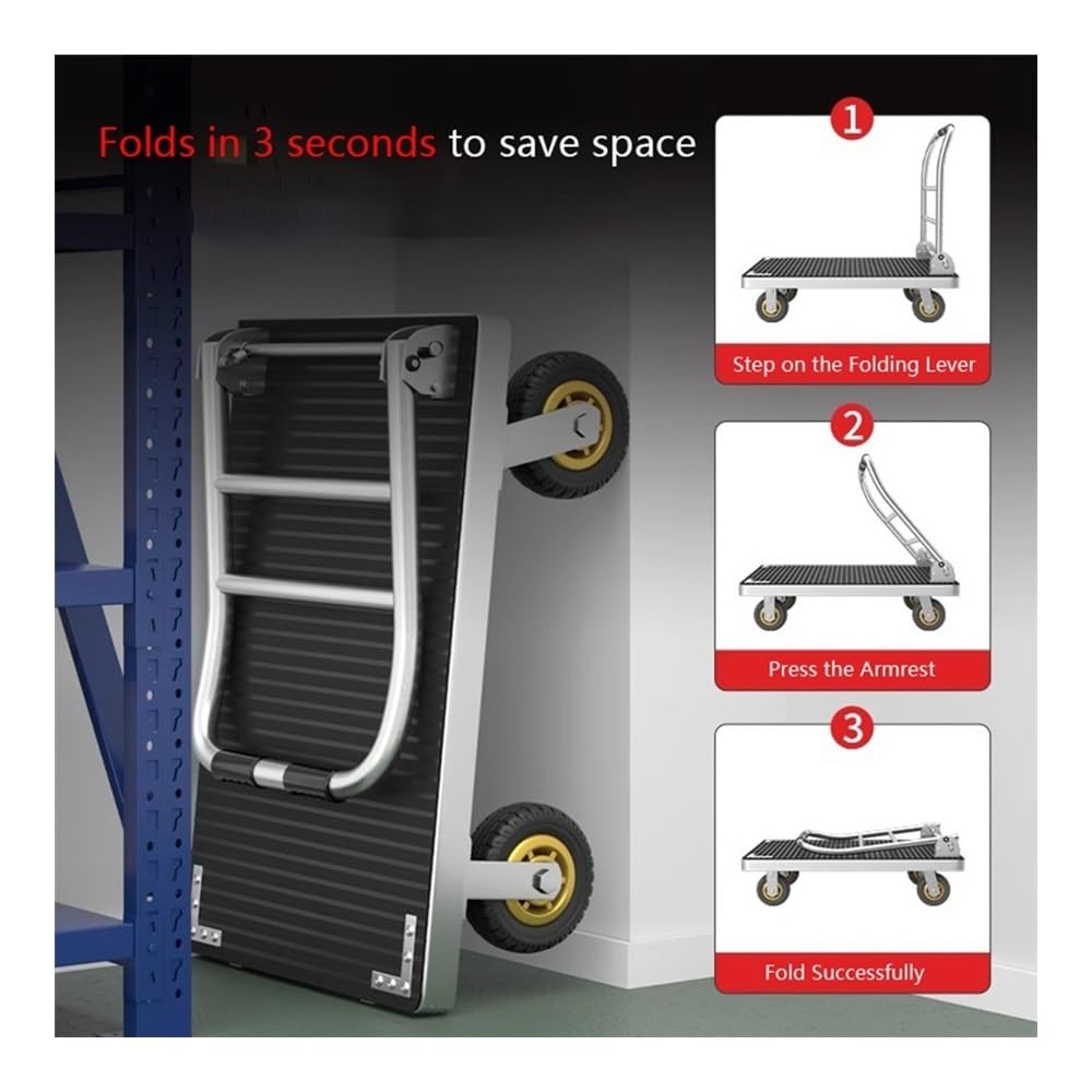 Carro Industrial de Plataforma Plana Plegable, silencioso y Resistente, diseño de Carrito utilitario para el hogar, Compras y Uso doméstico.