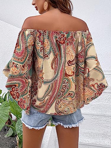 Floerns Women's Off Shoulder Flounce Sleeve Boho Printed Summer Blouse Top2