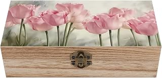 Pink Tulips Floral Vintage Wooden Keepsake Box with Hinged Lid And Locking Clasp, Decorative Storage Box for Jewelry, Trinkets And Small Accessories, Organizer for Home Or Wedding