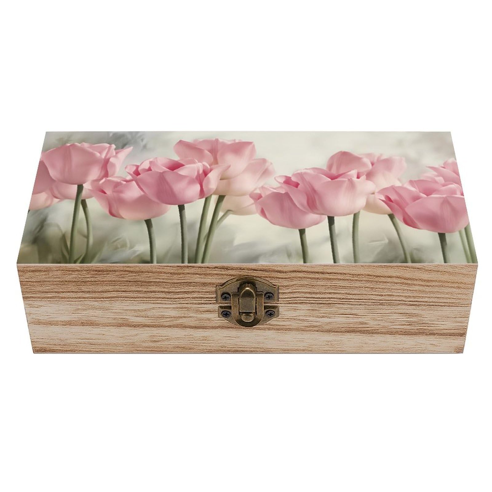 HLBSDM Pink Tulips Floral Vintage Wooden Keepsake Box with Hinged Lid And Locking Clasp, Decorative Storage Box for Jewelry, Trinkets And Small Accessories, Organizer for Home Or Wedding
