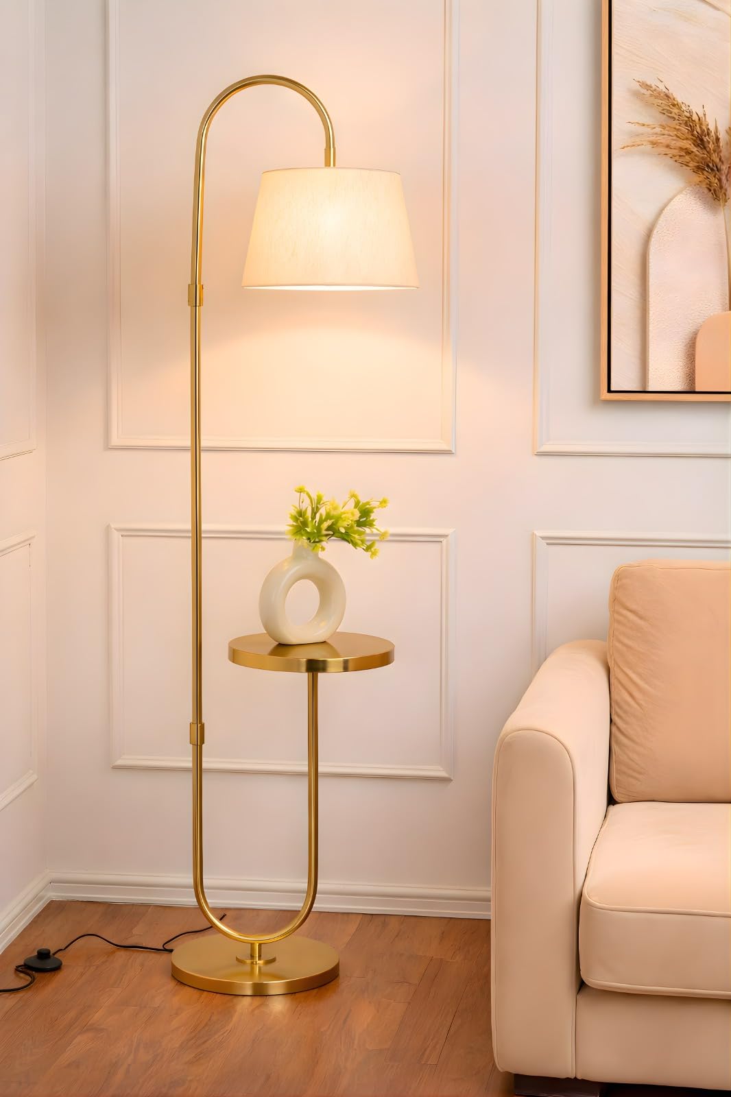Deco Crush Modern Table Shelf LED Floor Lamp Standing Antique Brass Finish Gold for Home Decoration, Living Room 5ft Height with Beige Lampshade (Pack of 1)-image-48