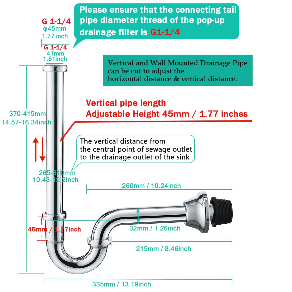 Sifón de latón cromado en forma de U para botella, 1 1/4 para lavabo de baño, altura ajustable, SE83555C-L