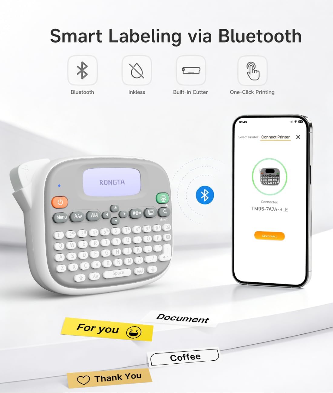 Rongta Label Maker Machine with Tape, Label Maker Waterproof with QWERTY Keyboard, TM95 12mm Portable Labeler for Home Organization, Office or School Supplier (Label Maker with 1 Tape, White)