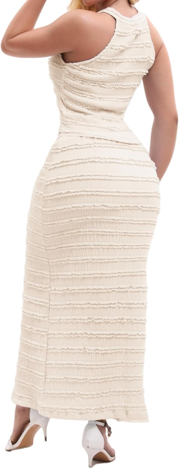 Women’s 2 Piece Summer Outfits Ribbed Knit Crop Top and Bodycon Maxi Skirt Set Sexy Casual Matching Set - Image 2