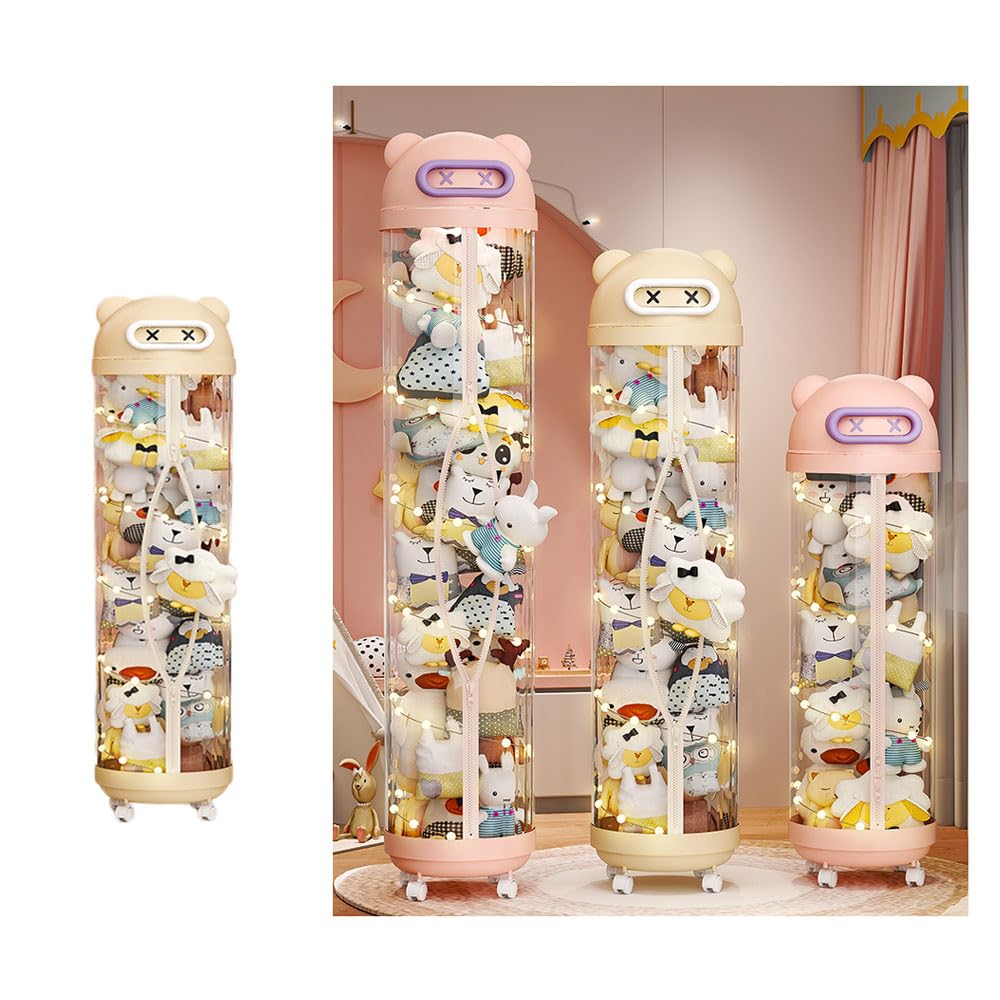Plastic Toys Storage Box, Rotatable Plusy Toys Display Organizer with Decorative Light for Kids, Clear Cylinder Stuffed Animals Dolls Toys Container for Nursery Bedroom Living Room Decoration (115CM)