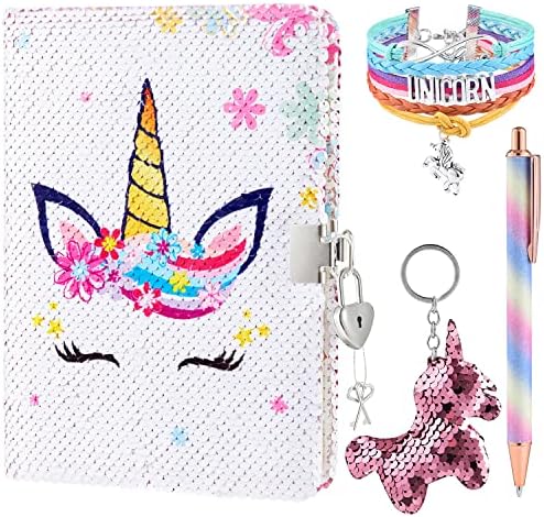 Unicorn Sequins Notebook Set - Rainbow Unicorn Diary for Girls with Locks Keys Gel Pen Bracelet Key Chain Reversible Sparkling A5 Journal for Travel School Office Notepad Memos to Keep Secret