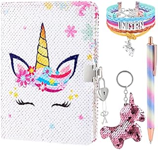 Unicorn Sequins Notebook Set - Rainbow Unicorn Diary for Girls with Locks Keys Gel Pen Bracelet Key Chain Reversible Sparkling A5 Journal for Travel School Office Notepad Memos to Keep Secret