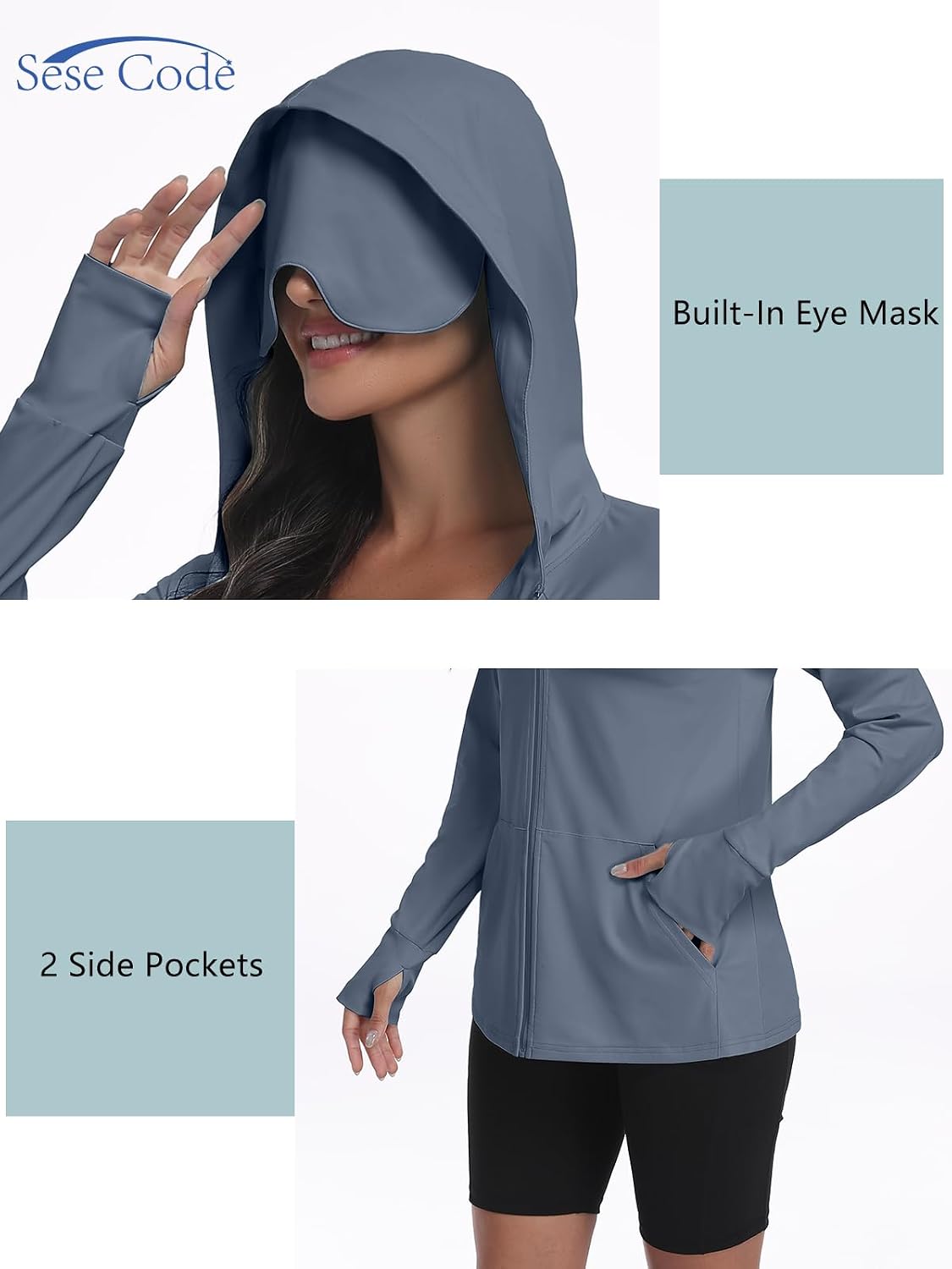 SeSe Code UPF 50+ Hoodie With Eye Mask Womens Zip Up Travel Jackets Lightweight Sleep Sun Protection Shirts Pockets Outdoor