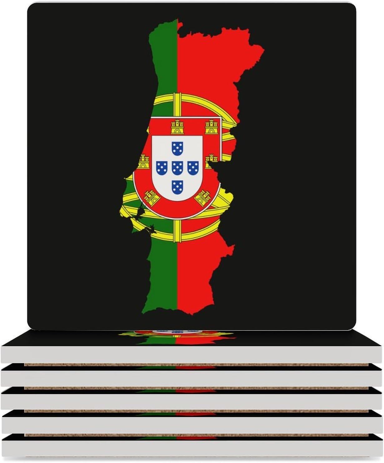 Portugal Flag Map Funny Ceramic Coasters for Drinks Absorbent Cup Holder Tabletop Protector with Cork Base