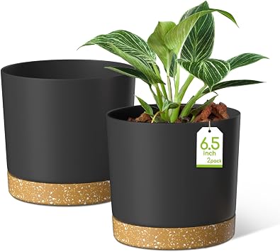 ZMTECH 16.5cm Plant Pots, Modern Planters with Drainage Holes and Detachable Saucer, Plastic Flower Pots for Plants for House Garden Windowsill Set of 2, Dark Grey