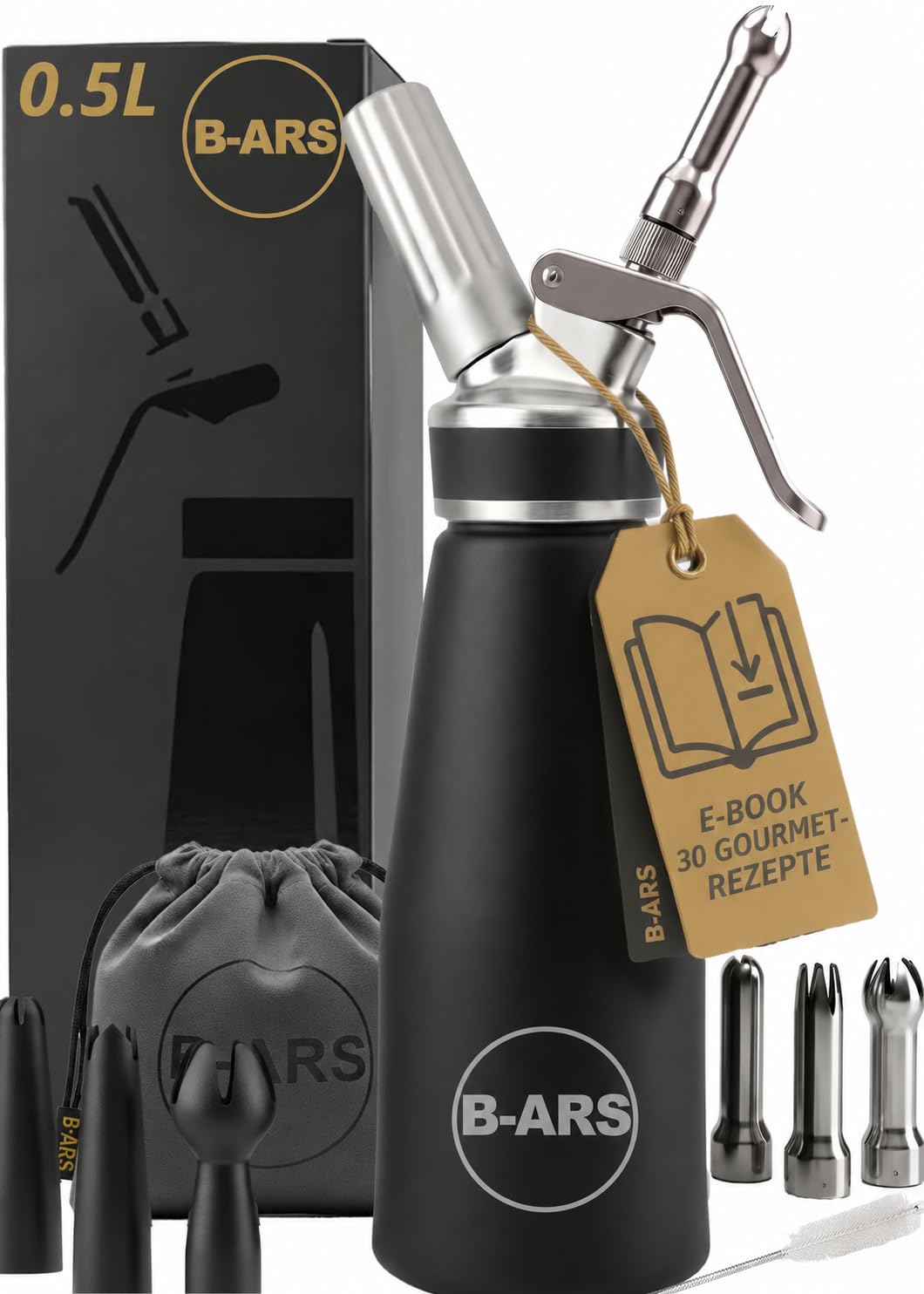 B-ARS Sahnespender 500ml Aluminium Schwarz, Sahnesyphon für Schaum