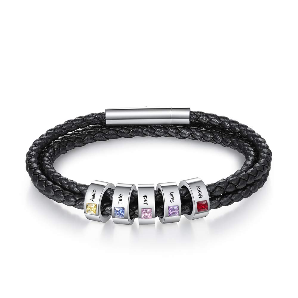 Nameinhea Personalized Mens Braid Bracelet Custom Bracelet with 1-8 Engraved Beads Family Names Jewelry Gifts for Men Father's day