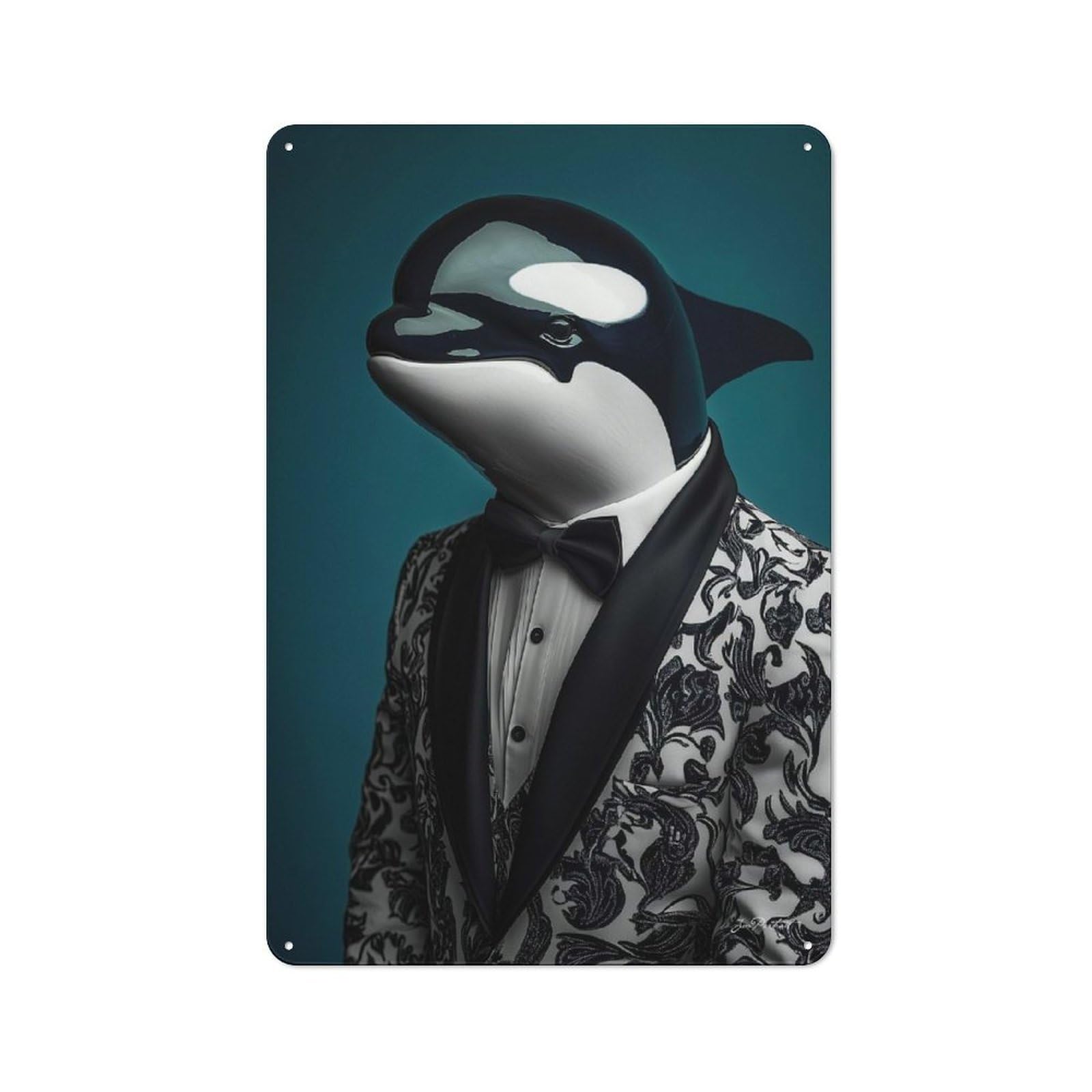 Junmoney Portrait Of The Orca In Suit Tin Sign 30X20cm For Living Room Wall, Retro Wall Decor, A Decorative Metal Sign For Living Rooms And Feature Walls