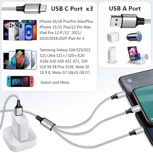 Miniatura 2 de Puxnoin Cable de carga múltiple, cable divisor USB C, cable de carga rápida 3 en 1 con 3 puertos macho tipo C compatible con teléfonos celulares,