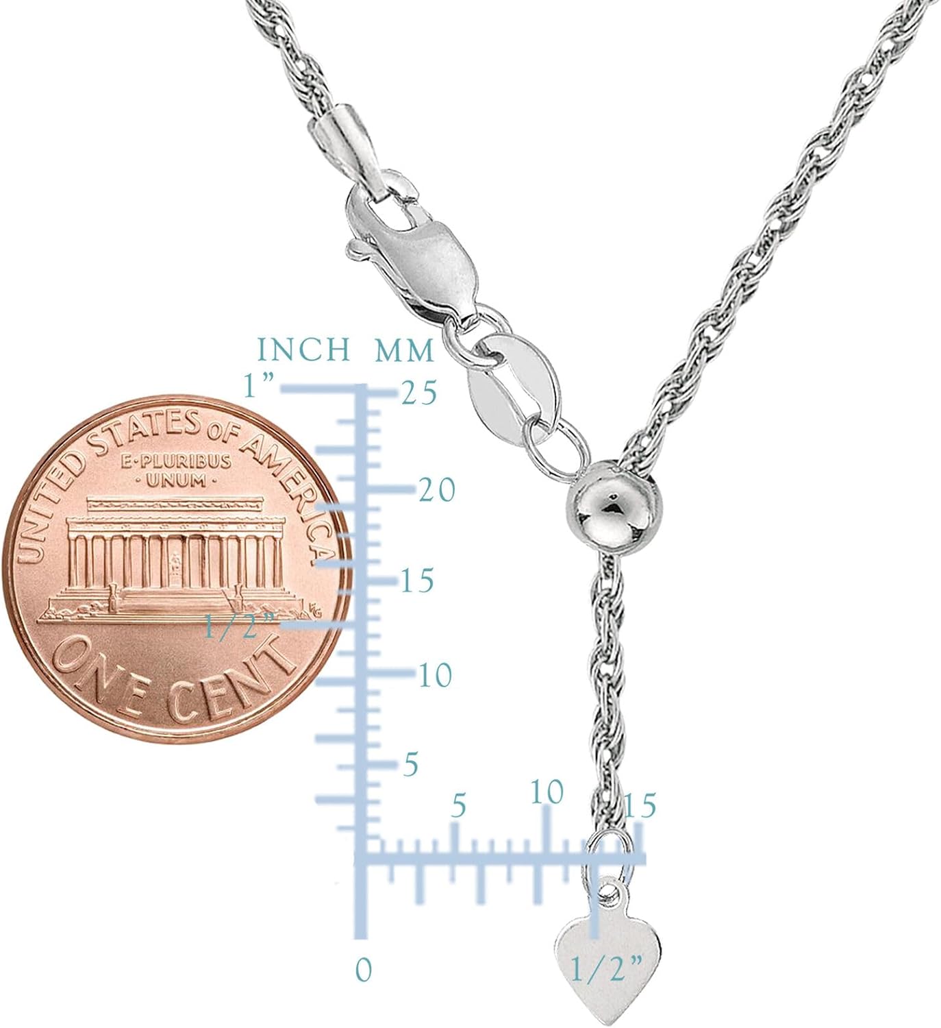 Jewelry Affairs Sterling Silver Rhodium Plated Sliding Adjustable Rope Chain Necklace, 22"