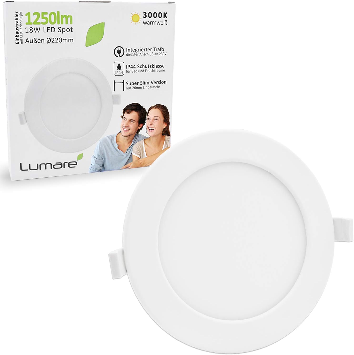 Lumare LED 18W | Extra superficial, 26mm de profundidad de instalación | Ø200mm de diámetro de orificio de perforación | Luz blanca redonda | 230V | IP44 | Blanco cálido 3000K | 1 unidad