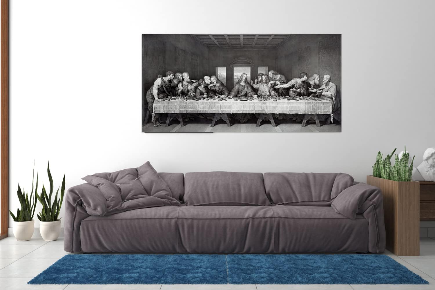 Black White Last Supper Canvas Wall Art -Large Jesus Lord Supper Poster Art Wall Decor Framed for Office Dinner Bedroom Living Room-24x48inch