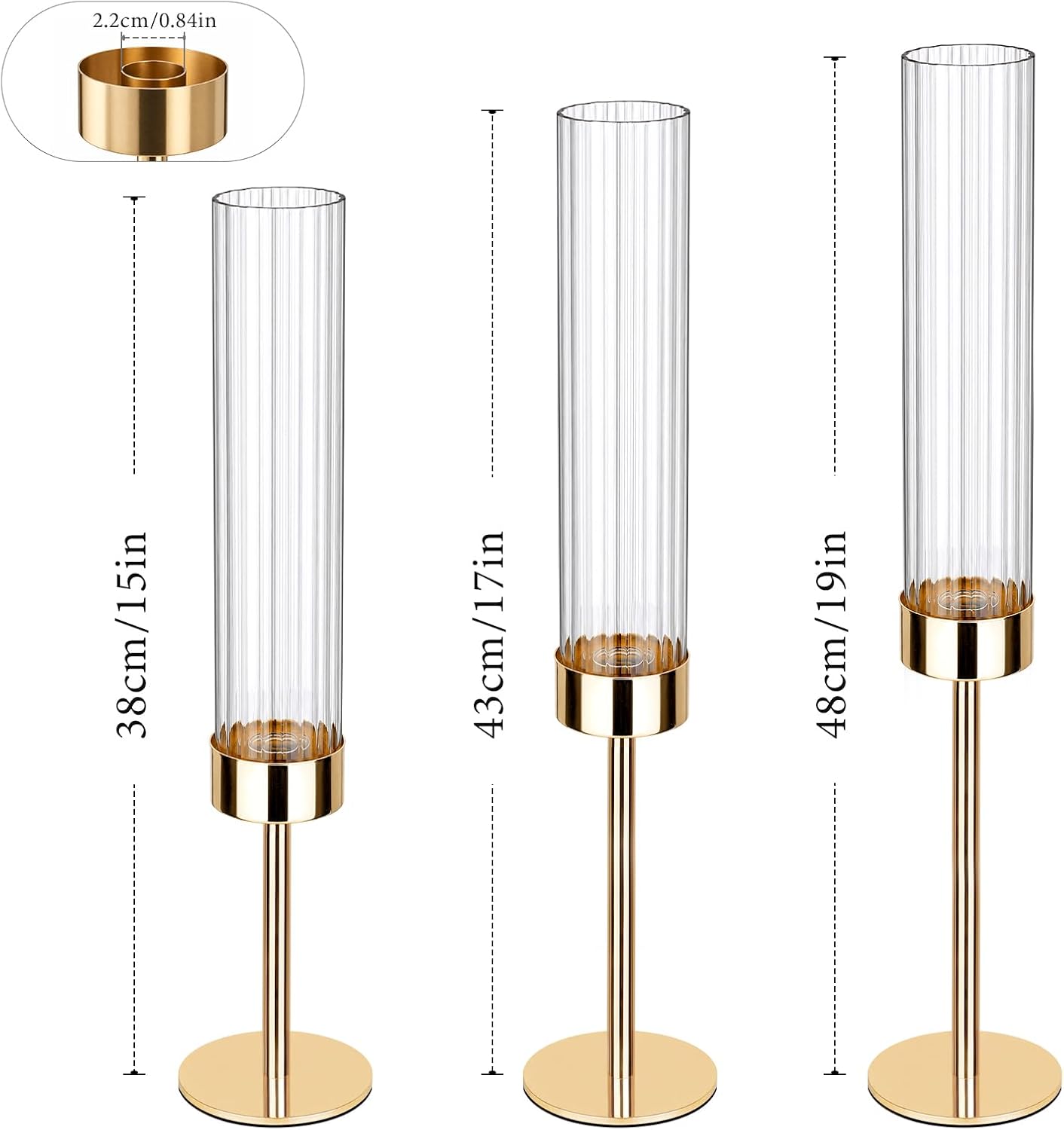 Gold Hurricane Taper Candle Holders,2 Sets(6 Pcs) Brass Tall Candlestick Holders with Ribbed Glass Cylinder, Table Centerpiece Decor for Wedding, Party, Halloween,Christmas & Home Decoration