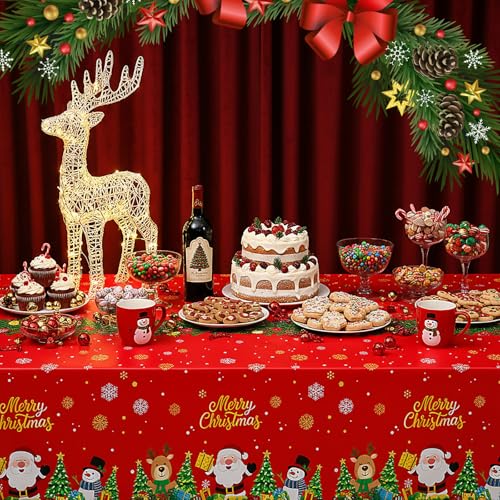Tenceur 3 Pcs Merry Christmas Tablecloth 54x108 Inch Plastic Santa Snowman Reindeer Tablecovers Disposable Red Tablecloth for Christmas Winter Holiday New Year Birthday Party Supplies Decor – Image 5