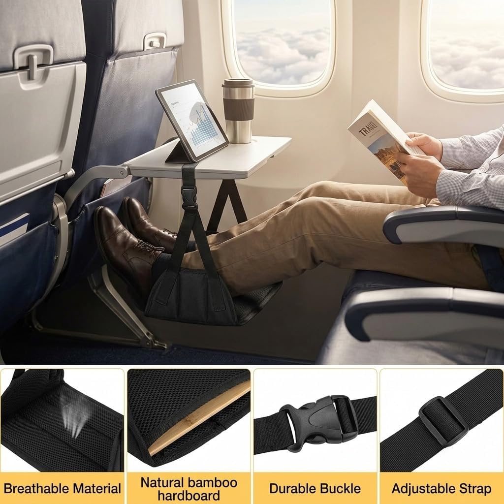 Foot Hammock for Airplane, Travel Leg Support with Bamboo Bar by Nmajnvo | Stainless steel hooks for desk use, adjustable height up to 27.5in, 200lb capacity, compact carry-on, long flight leg support