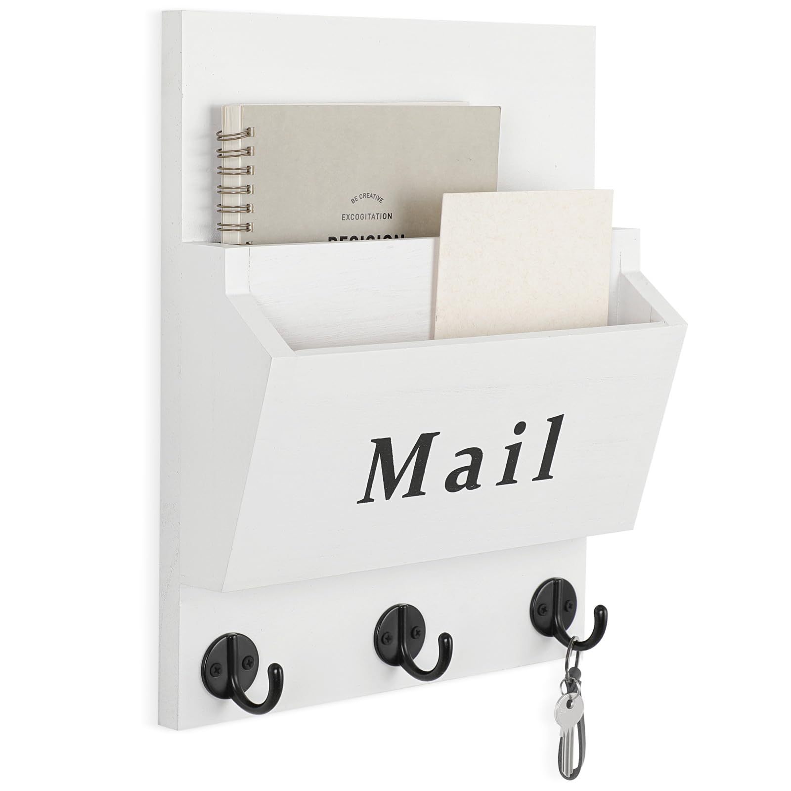 Lucundm Mail and Key Holder - Decorative 8.86" x 11.42" Wall Key Hanger with 2 Mail Organizer Slots and 3 Hooks - Real Paulownia Wood with Keyhole